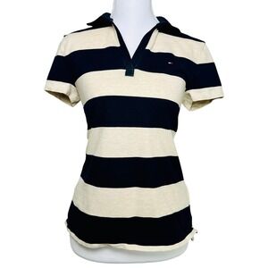 Tommy Hilfiger Women's Striped Polo Shirt Navy Blue Cream V-Neck Short Sleeve‎ S